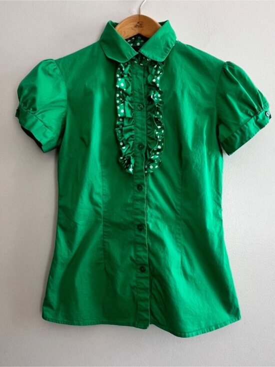 Tops - Ruffle Button Up Blouse Womens S Green Polka Dot Puff Sleeve